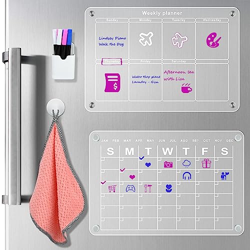 2 Set Acrylic Magnetic Fridge Calendar, 40 * 30cm Weekly Planner for Fridge Dry Erase Board Calendar for Refrigerator with 6 Marker Pens, Pen Case and Cloth, Reusable Weekly Planner Board for Menu