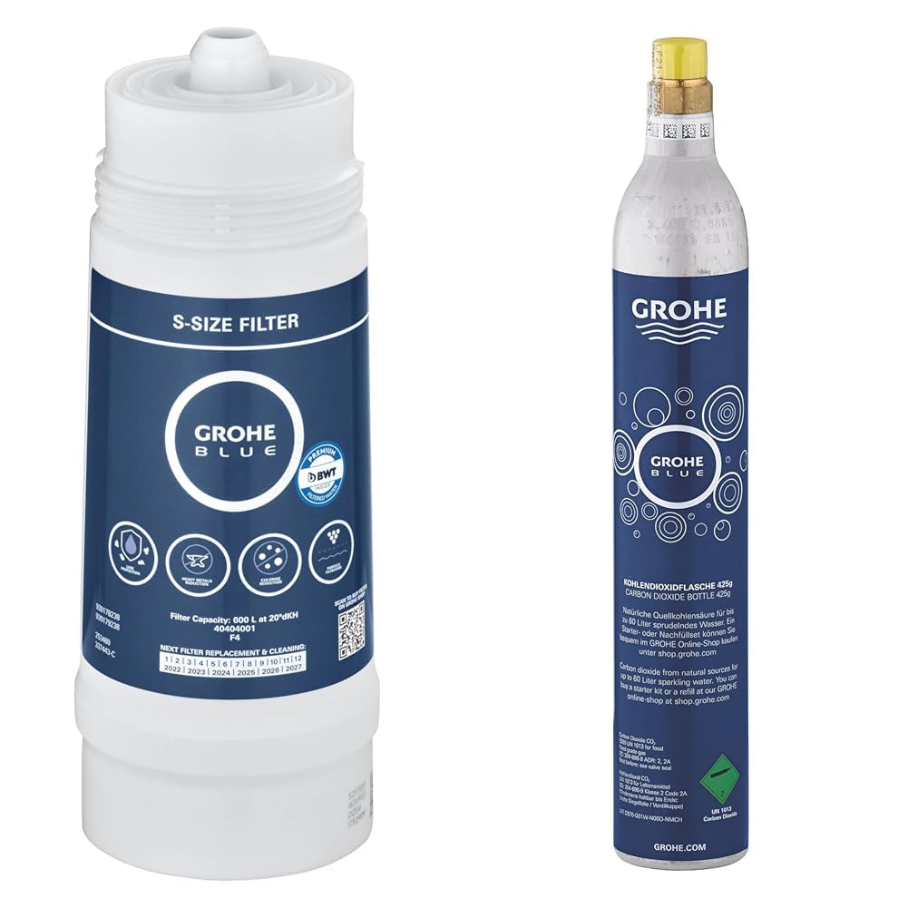 GROHE Blue - Austauschfilter (S-Size, 600 Liter bei 20° dKH, 5-Phasen-Filter), 40404001 & Blue - CO2 Flasche (425g, für jeden Wassersprudler, für bis zu 60 Liter), chrom, 40651000