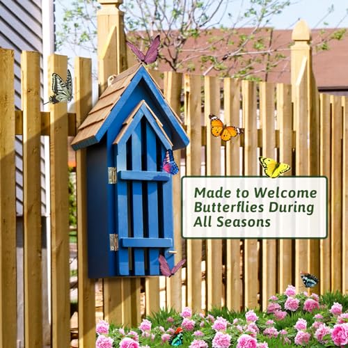 2025 New Shingle Roof Butterfly House for Outdoor, Cedar Wood Bee House for Garden Outside, Open Door for Easy Cleaning Conservation, Longtime Color Deco.Shelter Hotel with Hooks for Hanging(Blue - Thumbnail 4