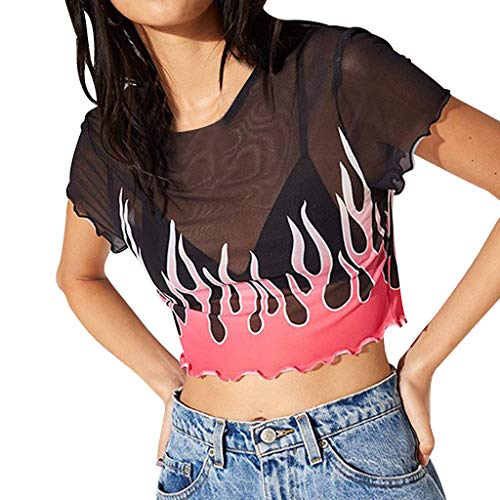 MOTOCO Camiseta Mjuer Camiseta De Manga Corta/O-Cuello Perspectiva Top/Estampado En Llamas Leaky Navel Camiseta Corta Superior(XL,Negro)