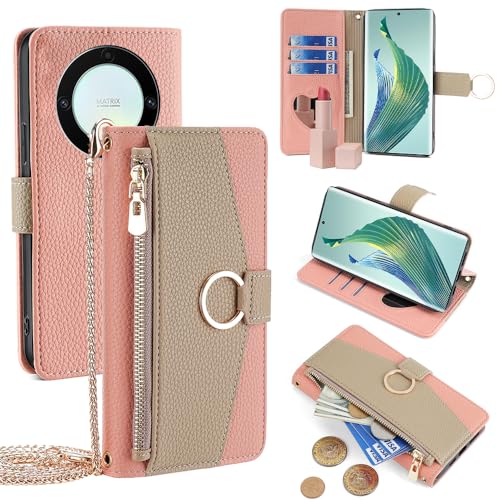 YOUULAR Wallet Case with Crossbody Strap Compatible for Honor Magic5 Lite/Honor X9a, Magnetic Handbag Zipper Pocket Cases PU Leather Flip Shockproof Cover with Kickstand Honor Magic 5 Lite Pink