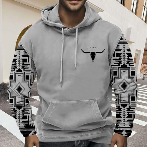 Bengbobar Men Western Hoodie Ethnic Cowboy Sweatshirt Aztec Retro Cow Skull Print Pullover Tops Casual Drawstring Sweatshirt4