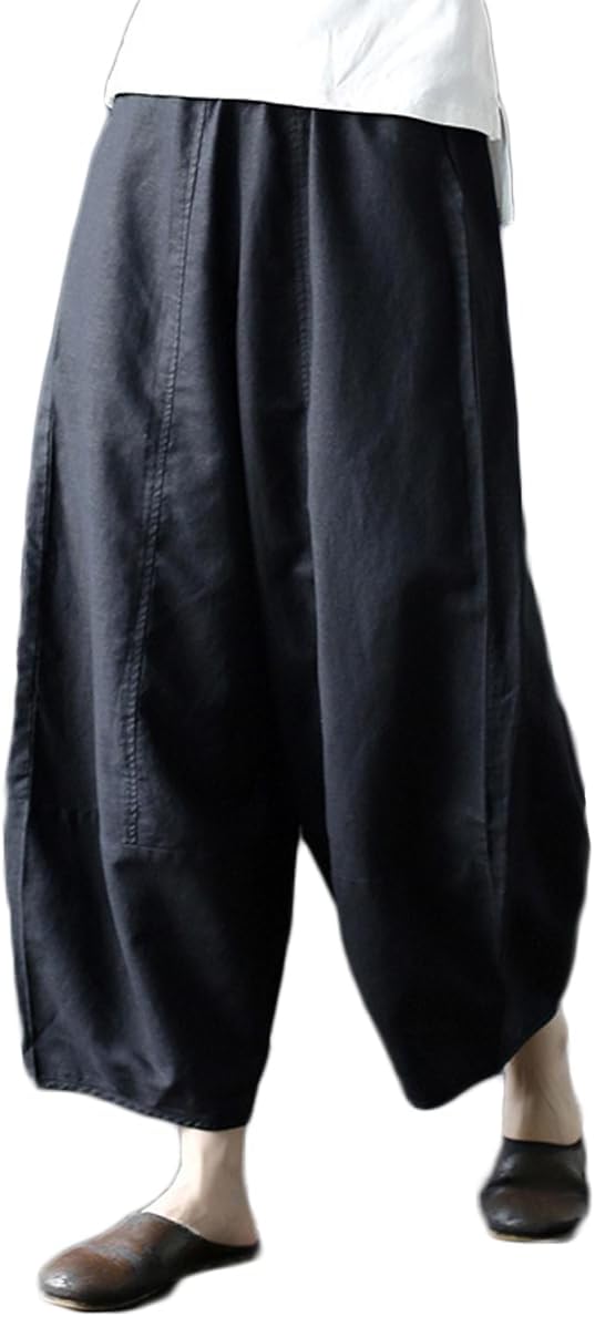 Ystylee Women's Cotton Linen Capri Pants with Pockets Wide Leg Cropped Baggy Pants for Women