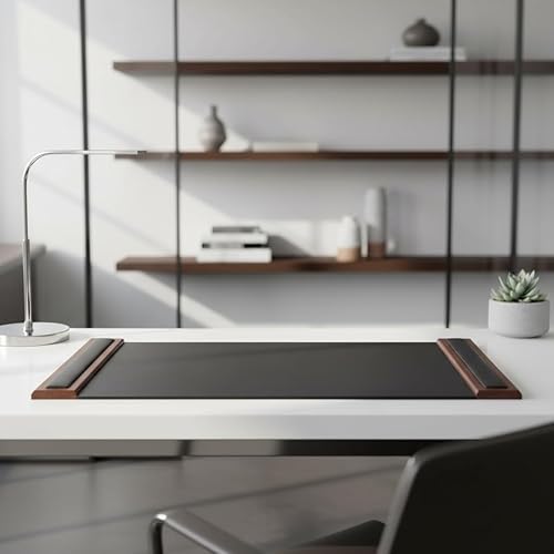 Miniatura 7 de DACASSO Almohadilla de escritorio de madera y cuero con rieles laterales, protector de escritorio de cuero de lujo para escribir, protector