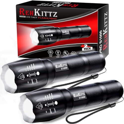 REHKITTZ Torch LED Super Bright 2000 Lumen (2 Pack), Adjustable Focus with 5 Lighting Modes, Aluminium Alloy Pocket Size Flashlights, LED Lights for Emergency and Camping