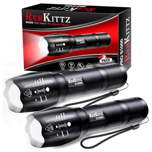 REHKITTZ Zaklamp, extreem helder, draagbare handlamp, 2 stuks, 2000 lumen, geschikt voor wandelen, camping, tactische zaklamp, outdoor, aluminium legering, met 5 lichtmodi en zoom