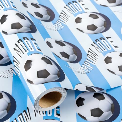 Flyhill Soccer Wrapping Paper Roll Ball Sports Boy Birthday Wrapping Paper with Ball Blue and White Football Field Stripe and Champion Mode Text for Boys and Girls Soccer Lovers Birthday Party World Cup Celebration Coach Gifts Mini Roll (17 Inch X 16.5 Feet)