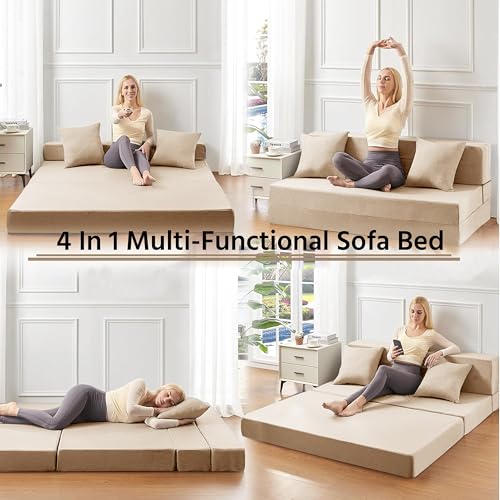 Image of Urban Decor Foldable Sofa Bed 5' X 6' Feet Perfect for Guest Jute Fabric Three Seater Sofa Cum Bed for Home & Office Space-Saving - SCB-3-Golden