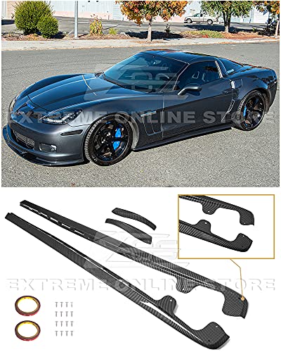 Extreme Online Store Replacement for 2005-2013 Chevrolet Corvette C6 Wide Body Model | ZR1 Style Side Skirts Rocker Panels Extension with Mud Flaps Pair (ABS Plastic - Hydro-Dipped Carbon Fiber)