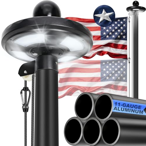 【Thickened 11-Gauge】25FT Heavy Duty In-Ground Flag Pole for Outside House, with 128-LED Large Solar Light & an Embroidered Flag, 55 KSI/110 HBW High-Strength Aluminum, Flagpole for Residential & Yard