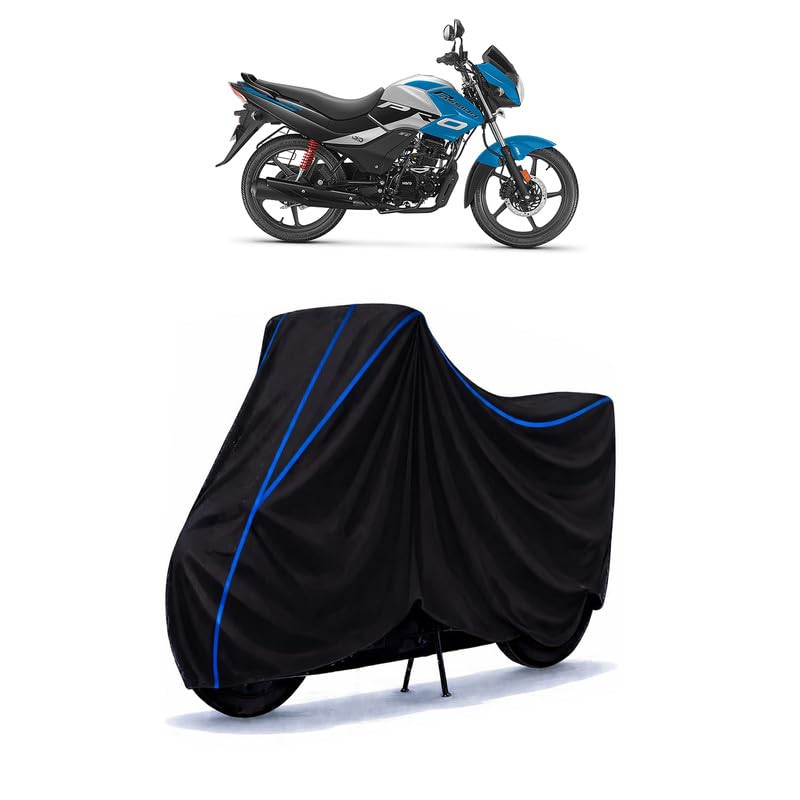 Image of Hero Passion 100 Bike Cover Water Resistant Universal Motorcycle Rain | Heavy Duty UV Protection, Dust, Scratch Indoor Outdoor All Weather with Black Blue Piping Elastic