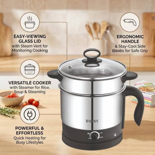 Image of BALTRA Multi-Kettle 1.2L Instacook | Adjustable Power Modes 600 W | 7 - Egg Tray, Idli Maker and Steamer | Stainless Steel | Automatic Overheat Protection | Multipurpose Kettle, 2 Year Warranty