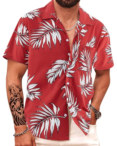 APTRO Men's Hawaiian Shirt Button Down Summer Beach Tropical Shirt Monstera Red 2X