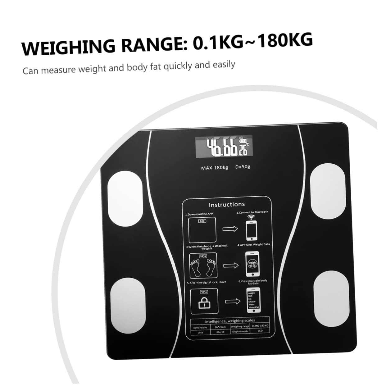 COLLBATH Báscula Inteligente de Peso Corporal Recargable por USB Pantalla LED Grande y Material Abs y Vidrio, Capacidad de 0.1kg a 180kg para Uso Doméstico