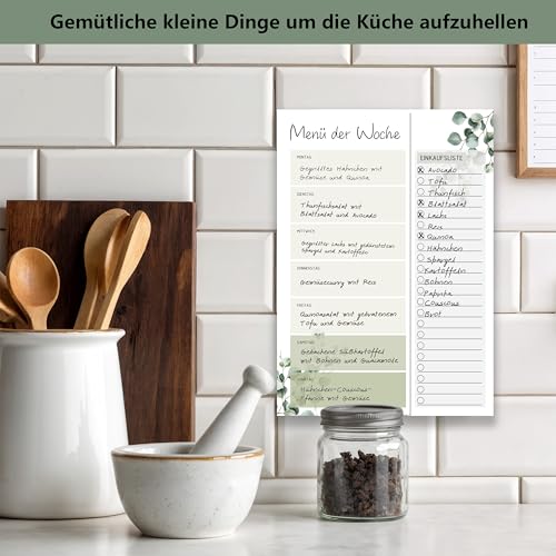 FloraVigo Essensplaner, 50 Menüplaner mit Einkaufsliste zum Abtrennen, Einkaufsliste – Notizblock – A5 – Menüplaner für Familie, Freunde