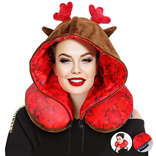 JIRUIWEN Neck Travel Pillow - Kids-Memory-Foam-Airplane-Neck-Pillow-with-Hood Adult-Head-Rest-Chin-Support Animal Case Cover Set for Car
