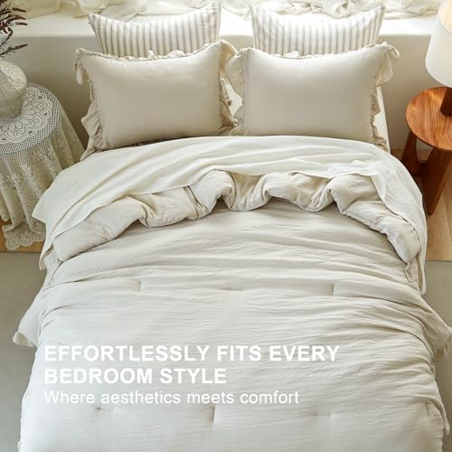 Image of Beige Ruffle Comforter Set King, Pre-Washed Shabby Chic Bedding Set, Lightweight Cottagecore Soft Romantic Cozy 1 Comforter & 2 Shams, All-Season