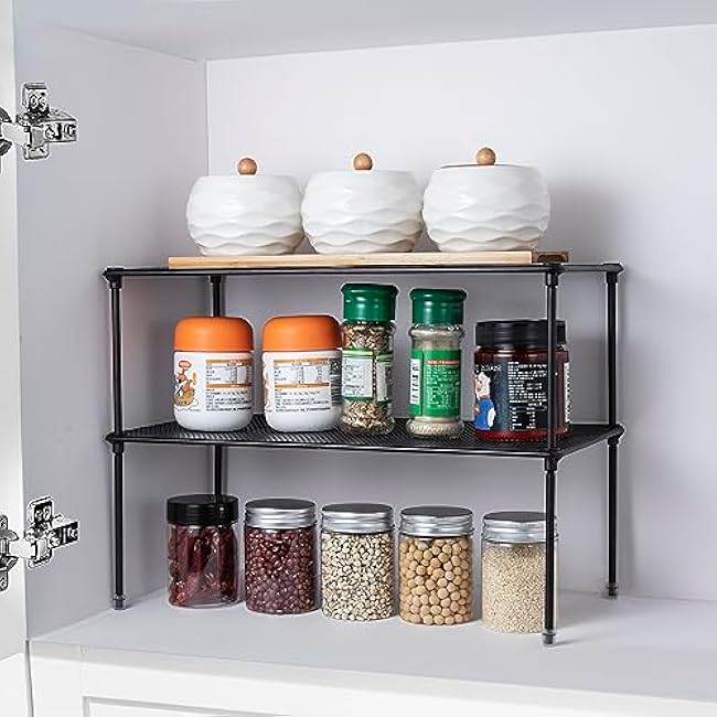 2-Pack Kitchen Cupboard Shelf Organizer for Cabinet, Expandable & Stackable Counter Cupboard Organiser, Storage Rack for Bathroom, Kitchen, Laundry Room