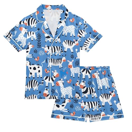 ALAZA Cute Bird Zebra Cow Blue Pajamas Satin Pajama Set Short Sleeve Button Down Sleepwear