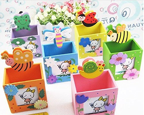 Image of GOLD LEAF Wooden Pen Stand with Photo Frame DIY Craft Kit for Kids, Multicolor Birthday Return Gifts, Desk Organizer, Paintable Wooden Pencil Holder, Pack of 6