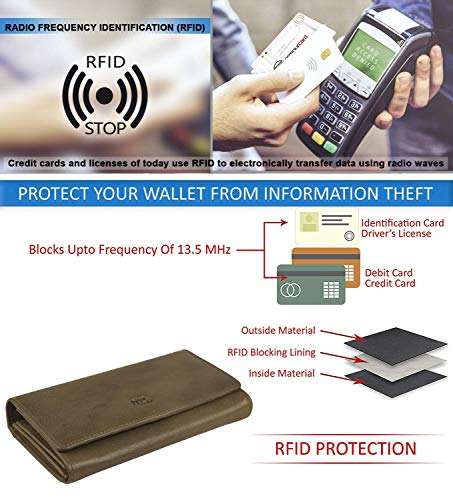 Image of Women's Top Grain Leather Wallet, RFID Blocking Bifold clutch, 17 Card Slots, Zip Pocket Organizer, Elegant Gift for Women - Birthday, Anniversary - Washed Olive Green
