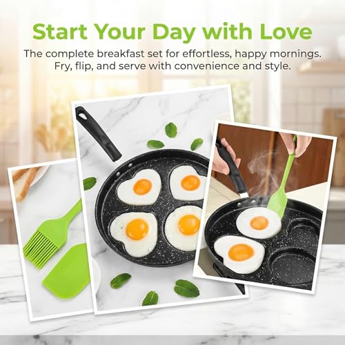 Image of Hiceeden Nonstick Egg Frying Pan with Lid, 4-Cup Egg Pan Fried Egg Cooker, Round Pancake Pan with Brush and Spatula for Breakfast, Induction & Gas Stove Compatible