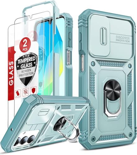 LeYi Funda para Samsung Galaxy A16 5G con [2 Unidades] Cristal Vidrio Templado,Carcasa Cubierta de cámara Deslizante Proteger Anillo Soporte Silicona TPU Armor Bumper Case, Verde