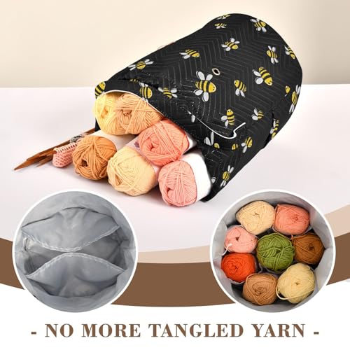 Image of Fustylead Bee Large Yarn Storage Tote Basket, Knitting Crochet Drawstring Organizer Bag for Crocheting Project, Yarn Balls, Needles Accessories