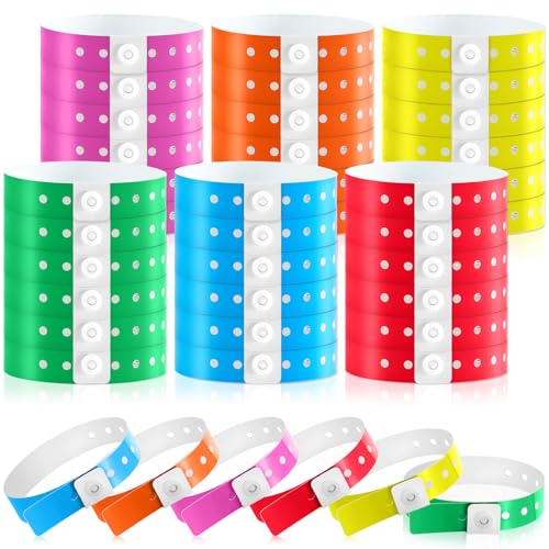 Image of Henoyso 600 Pcs Assorted Color Plastic Wristbands for Events Vinyl Waterproof Pool Wristbands Neon Color Plastic Bracelet for Party Events Arm Band Identification for Concerts Carnivals