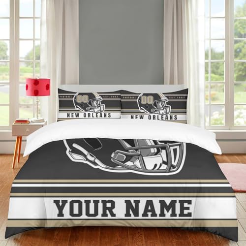 Custom Football Comforter Set with Name Number, Personalized New Orleans Bedding Comforter Cover with 2 Pillowcase, Customized Sports Themed Comforter Cover Gift for Football Fans Bedroom Decor