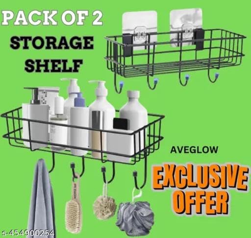 (Pack of 2) Steel Self-Adhesive Multipurpose Bathroom Shelf with Hooks/Towel Holder/Rack/Bathroom Accessories-Wall Mount - Pack of 2 (Black,Powder Coated) 3