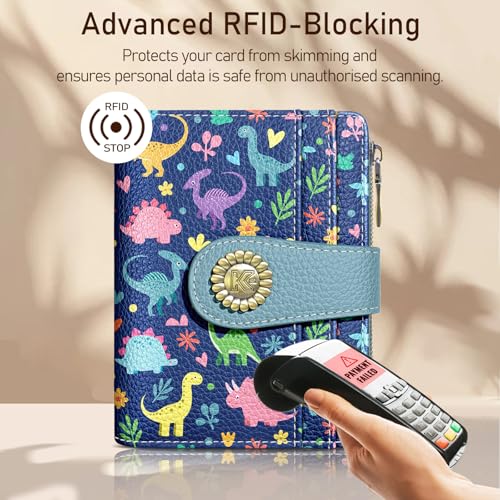 Image of Kelvoris Cute Dinosaurs Small Rfid Women Wallet Bifold Zipper Coin Pocket PU Leather Compact Cash Credit Card Holder Travel Wallet for Female Ladies Teen Girls 1 ID Window 10 Card Slots