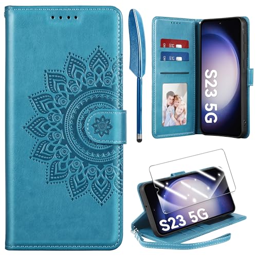 Kmofizle Handyhülle für Samsung Galaxy S23 5G Hülle mit Schutzfolie und Band, Premium Lederhülle Flip Magnet Klapphülle ...