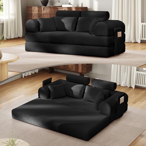 Image of Upgrade High Backrest Design Sofa Bed with Fixed-Shape Frame & Removable Armrests and Backrest, Corduroy Fabric, Convertible Mattress Couch for Small Spaces - No Assembly Needed (Black)