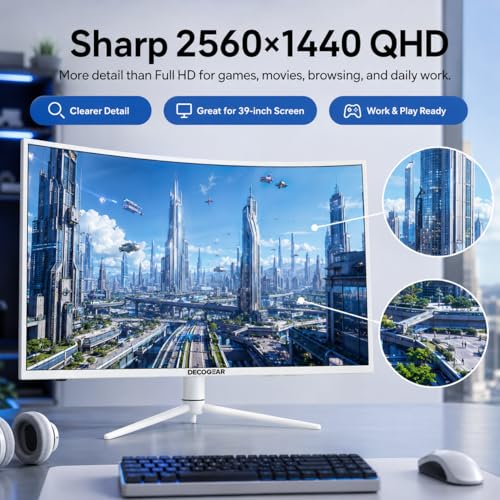 Image of Deco Gear 39 inch White Curved Gaming Monitor, QHD 2560x1440 165Hz 1ms MPRT, HDR400, 99% sRGB, 3000R VA Display, Adaptive Sync, 65W USB-C, HDMI 2.0 DisplayPort 1.4, Display for PC & Laptop