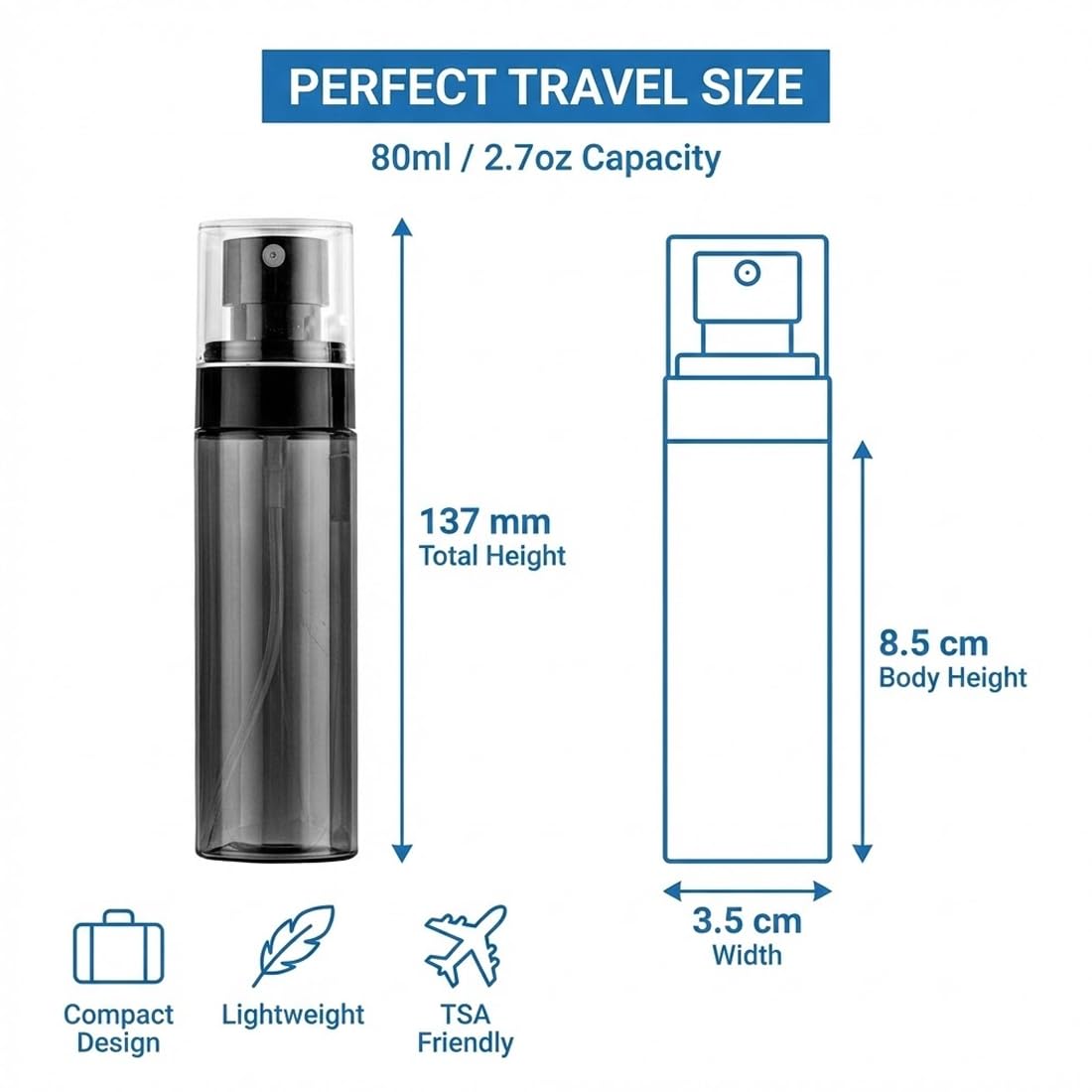 2 Stück Transparent Schwarz Sprühflasche Klein, Mini Sprühflasche, kleine zerstäuber zum befüllen, Kleine Sprühflaschen, Sprühflaschen Befüllen, für Parfüm, Reinigungsmittel, 13.7*3.5cm, 80ml