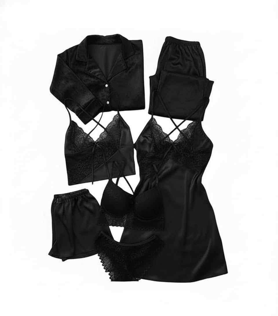 e - ezra Valentine's Day Fancy Night Suit Bath Robe Dress & Bra Penty Set Combo for Women's Pack of 7 Pcs Nightwear Lingerie Velvet Nightwear Wedding Gifts Lace Nightsuit Set Black (Free Size)-picture-31