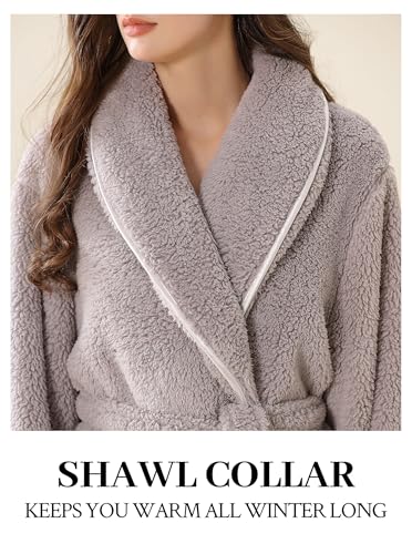 Image of Women Long Plush Fleece Bath Robe | Soft loungewear housecoat, comfy sleepwear for home, suitable as ladies pajamas and nightgown