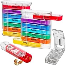 Weekly Pill Organizers with Pill Cutter - V-Grip Pill Splitter Pack of 2 Stackable Pill, Medicine, Vitamin Organizer with 4 Times-a-Day Daily Compartments, 2 Dispensers with Stackable AM/PM Boxes