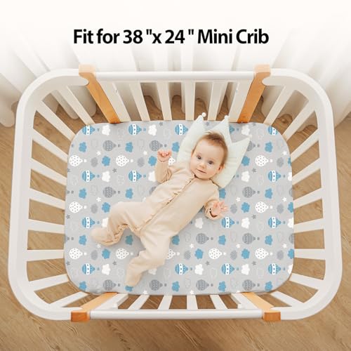Image of Baby Mini Crib Sheets Boy, Portable 38 inchx26 inch Pack and Play Sheets Fitted for Playard and Pack N Play Mattress, 3-Pack Soft Microfiber Blue Cloud Animals