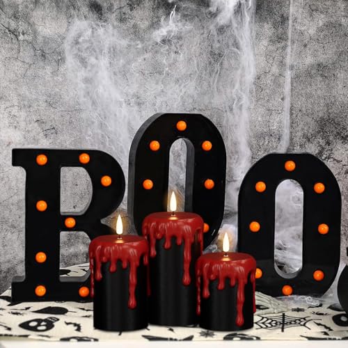 Image of Battery Operated Flameless Candles with 6H Timer, Blood Dripping Wax Effect Black LED Pillar Candles 3D Wick Flickering Spooky Halloween Indoor Decoration Light(3 Pack, 3 x 4,5,6 Inches)