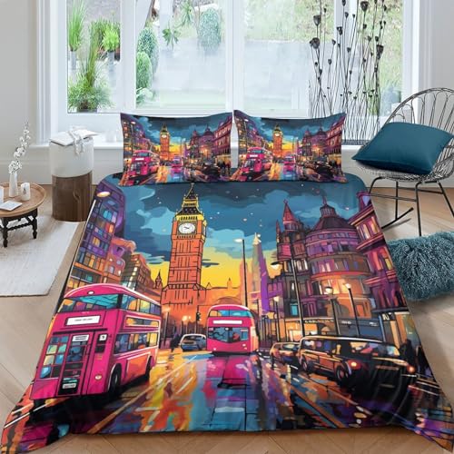 Housse de couette 3D Londres 200x200 parure lit double microfibre