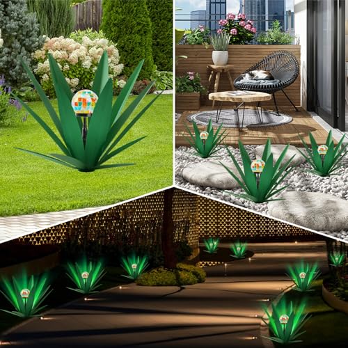 Image of TOMBABY Solar Rustic Garden Style Metal Agave Plants Outdoor Patio, Home Decor Hand-Painted Metal Agave Garden Patio Statues, Suitable for Desert Areas, Outdoor Lawn Decorations (1 Solar Green)