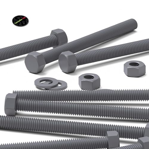 Image of 10x Grey PVC Hexagon Head Screws, Nuts & Washers, UPVC, M8 x 100 mm (5 /16 x 3-15 /16 in)
