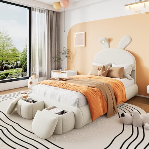 Polsterbett 90x200 cm, Kinderbett mit 2 Aufbewahrungshockern und...