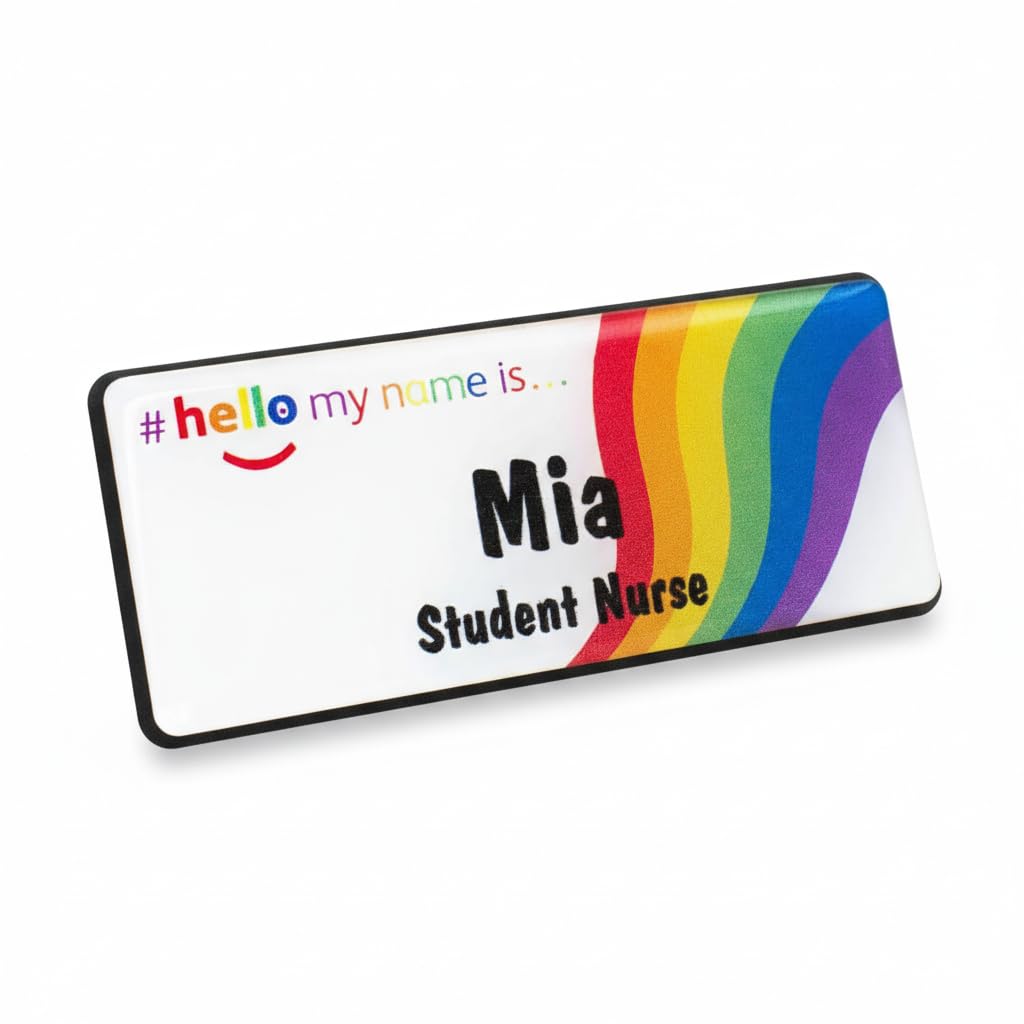 Badgemaster Rainbow Flow Hello My Name is Premium Durable Personalised Name Badges Magnet White Black 76 x 32mm Practitioner Doctor GP Clinical Healthcare Student Medical Staff Nurse Assistant