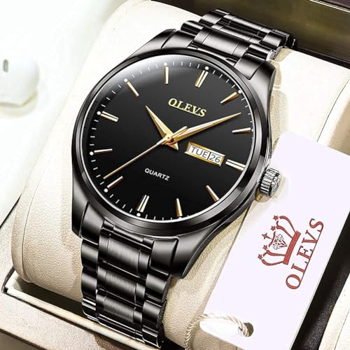 Men's Casual Stainless Steel Watch, Big Face Round Analog Quartz Watch with Day and Date, Classic Waterproof Simple Dial Dress Watch for Men, Gold Silver Black Band - Image 3