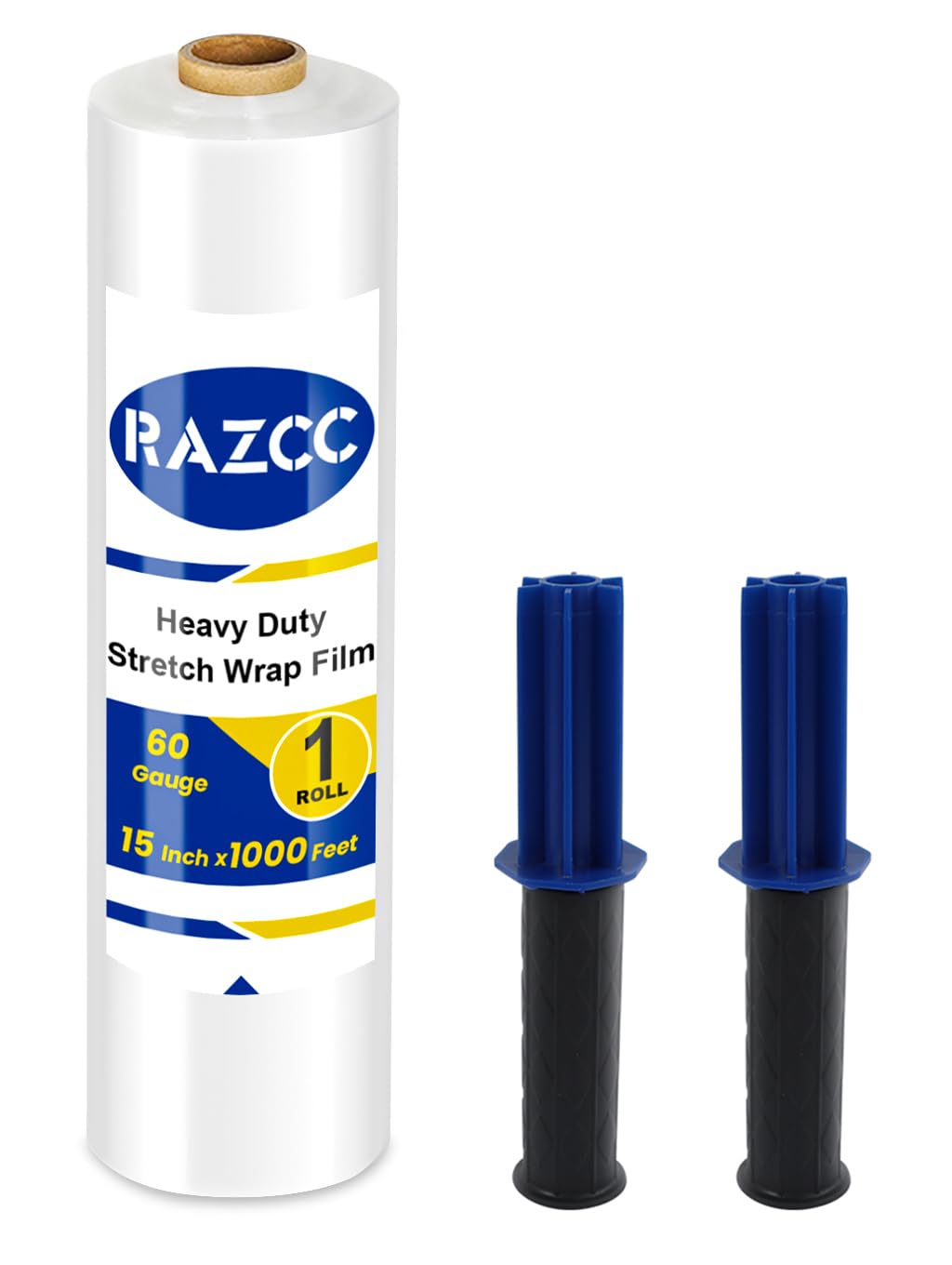 RAZCC Stretch Film, Industrial Strength Stretch Wrap for Pallet Wrap, Heavy Duty Clear Plastic Wrap with Handles, Moving Wrapping Plastic Roll, 15 Inch x 1000 Feet, 60 Gauge, 1 Pack