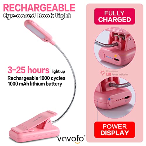 Image of VAVOFO Rechargeable Book Light for Reading in Bed Kids, 7 LED Reading Light with 9-Level Warm Cool White Daylight, Eye Care Lamp with Power Indicator for Bookworms (Pink)