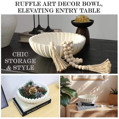 Iemegumi Decorative Bowl for Home Decor - White Large Decorative Fruit Bowls for Candy - Scalloped Ruffle Centerpiece key Bowl - Morden Round 10\" Aesthetic Coffee Entry Table Decor